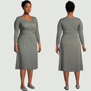 Lands End Twist Front Fit & Flare Dress 3X Green Paisley Tencel Stretch Jersey